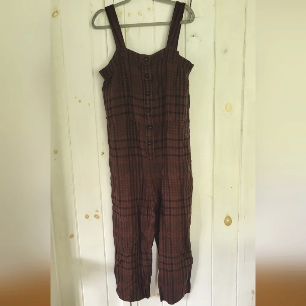 Everlane Linen Brown Black Plaid Button Down Jumpsuit